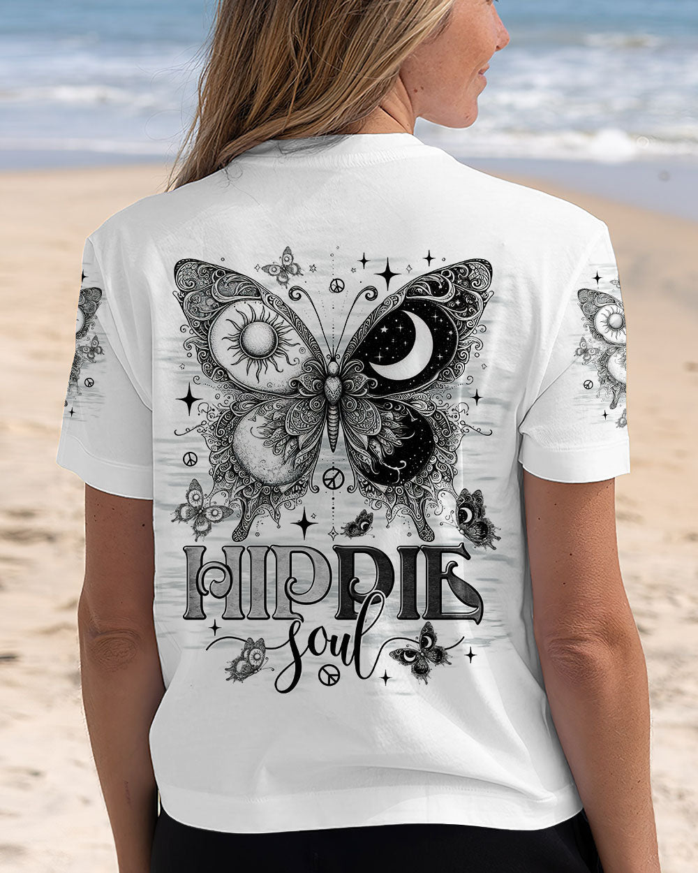 Hippie Soul Butterfly Black _26 White Sun and Moon Tee for Women AOP Shirts _1_ J40Zz