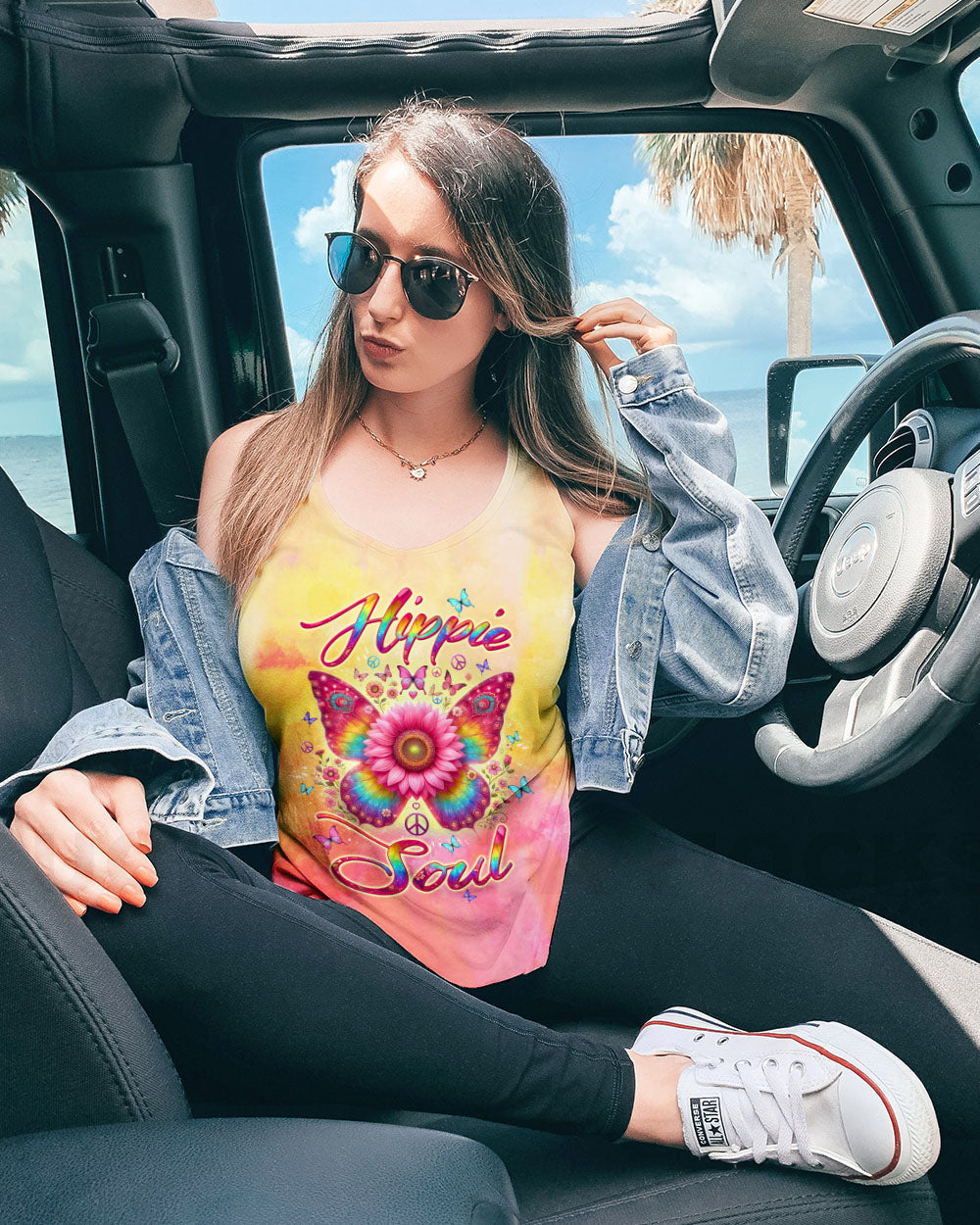 Hippie Soul Butterfly Sunflower Colorful Peace Sign Graphic AOP Shirts _5_ wSAg4