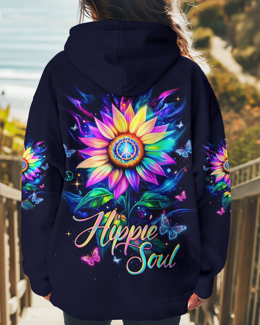 Hippie Soul Sunflower Colorful Butterflies Peace Flower Graphic AOP Shirts _1_ hgxAP