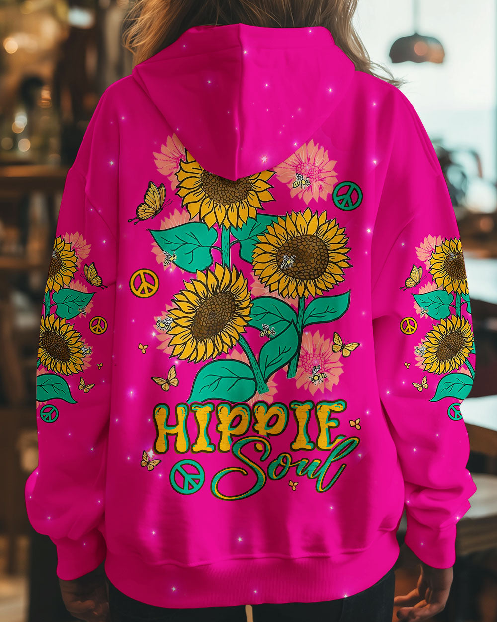 Hippie Soul Sunflowers with Peace Signs Bright Pink Graphic AOP Shirts _1_ 7OttF