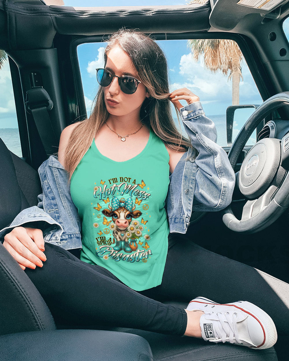 Hot Mess Im A Spicy Disaster Cow Design with Butterflies _26 Daisies AOP Shirts _11_ 5zEuW