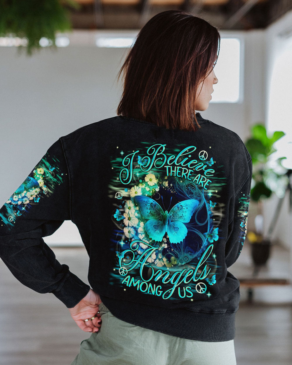 I Believe There Are Angels Among Us Blue Butterfly Graphic AOP Shirts _3_ xRTLZ