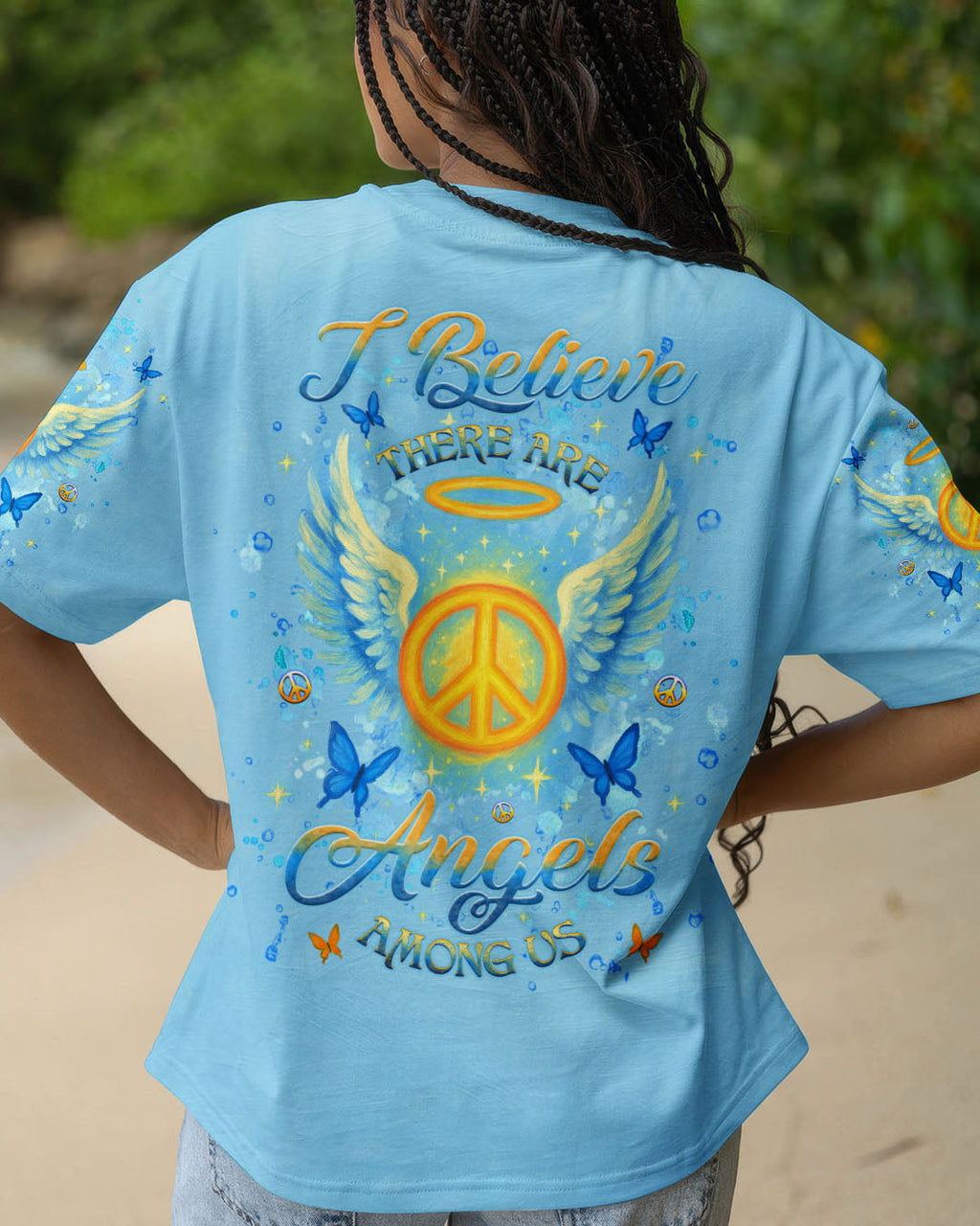 I Believe There Are Angels Among Us Blue Peace Symbol Design for Women AOP Shirts _1_ QEwAv
