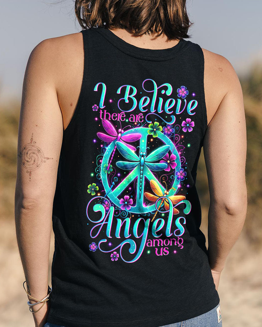 I Believe There Are Angels Among Us Dragonfly Neon Peace Symbol AOP Shirts _13_ 4hvq8