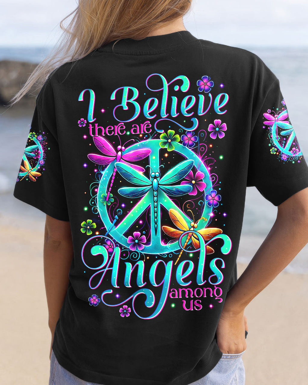 I Believe There Are Angels Among Us Dragonfly Neon Peace Symbol AOP Shirts _1_ E1jvP