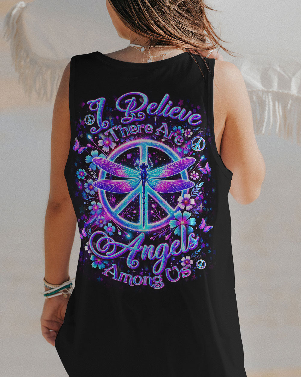 I Believe There Are Angels Among Us Dragonfly and Peace Sign AOP Shirts _10_ 1UteW
