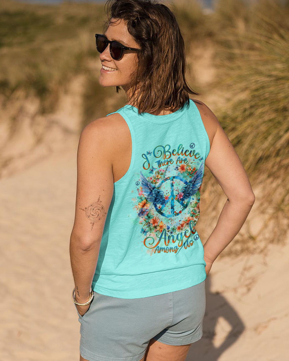 I Believe There Are Angels Among Us Floral Peace Sign Wings AOP Shirts _7_ tULgq