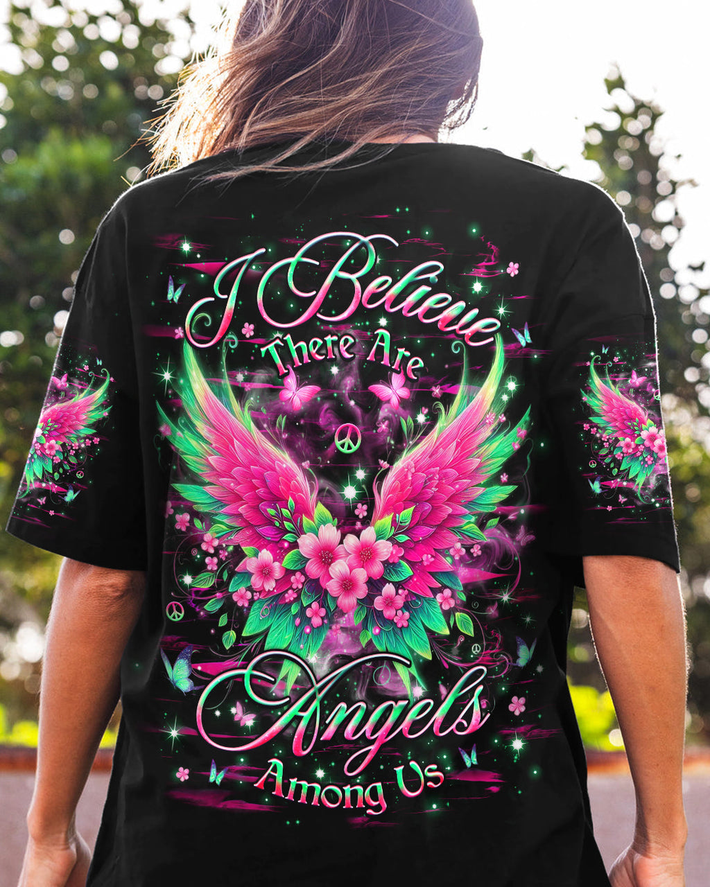 I Believe There Are Angels Among Us Floral Wings Butterfly Graphic Tee for Women AOP Shirts _1_ YmPuc