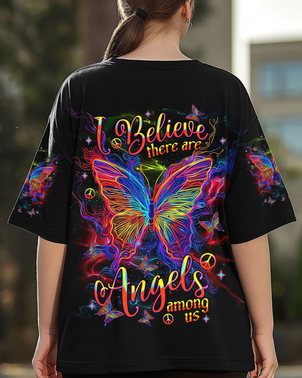 I Believe There Are Angels Among Us Neon Butterfly and Peace Graphic AOP Shirts _1_ SpSX2