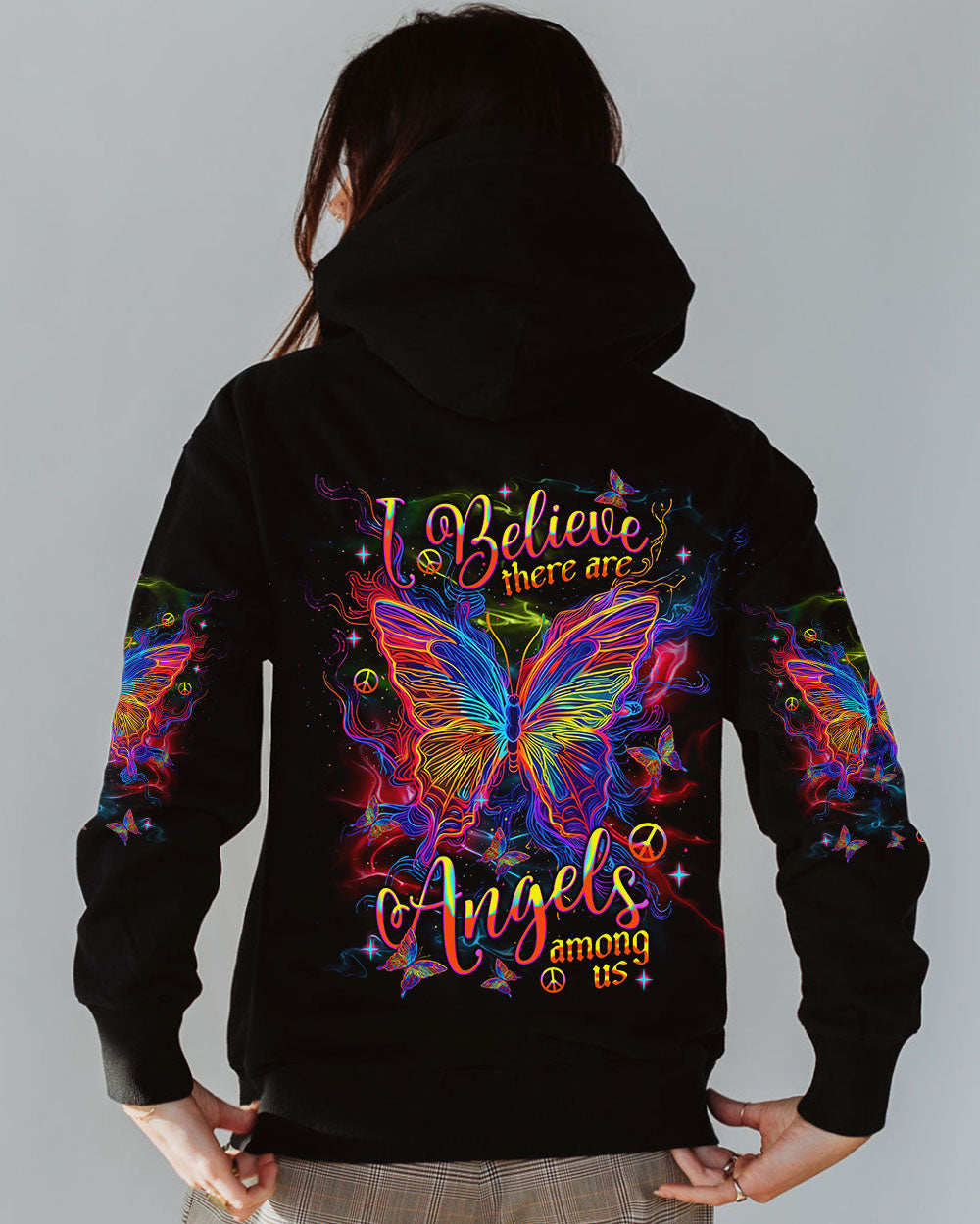 I Believe There Are Angels Among Us Neon Butterfly and Peace Graphic AOP Shirts _5_ 4Fy2o
