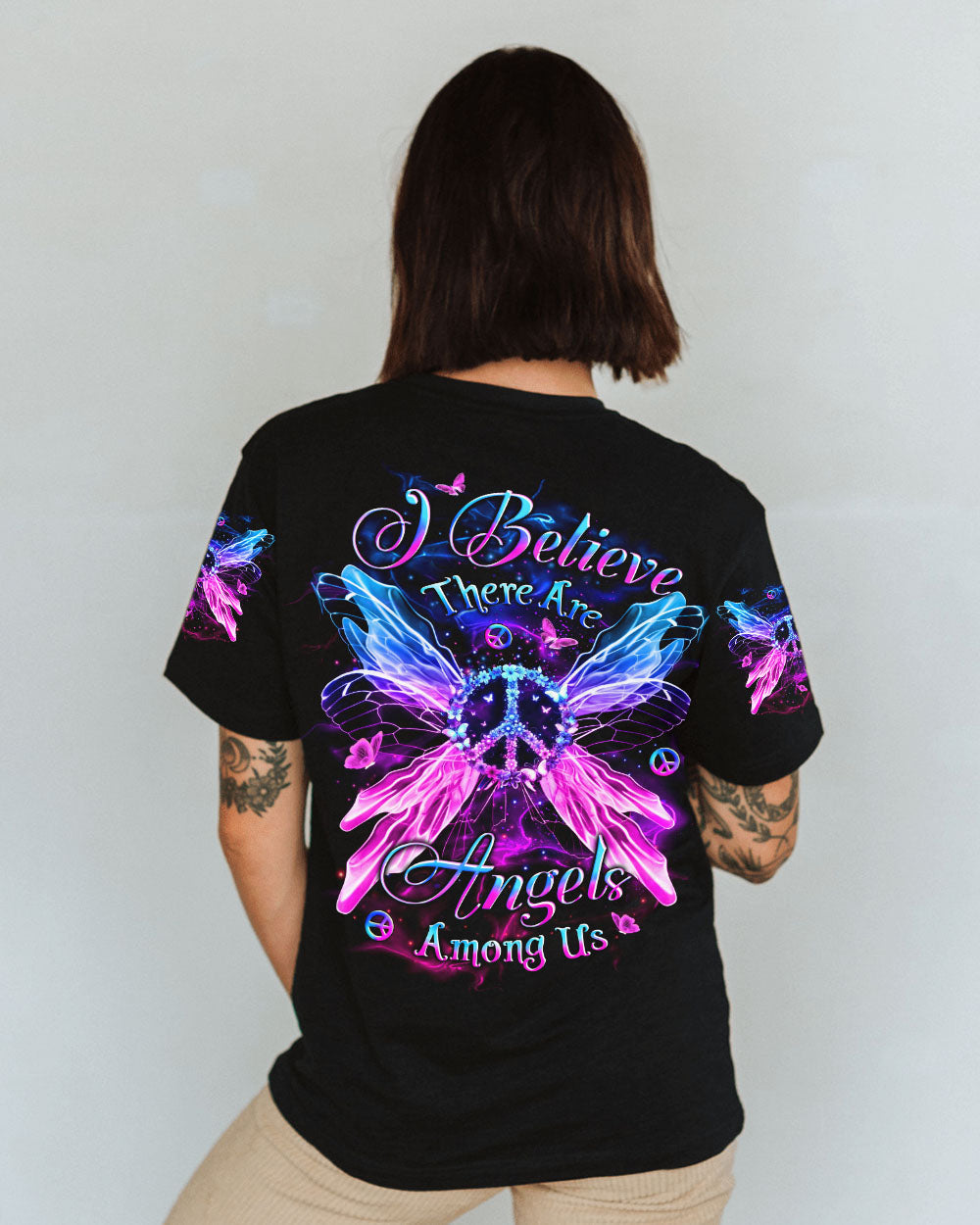 I Believe There Are Angels Among Us Neon Peace Sign with Wings Graphic AOP Shirts _1_ ruIoC