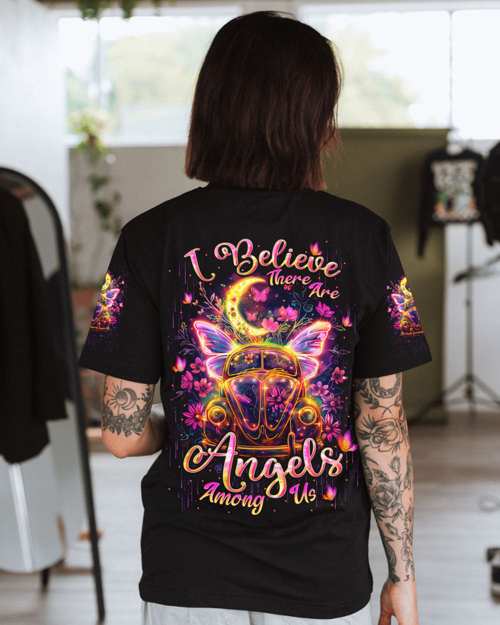 I Believe There Are Angels Among Us Neon VW Butterfly Hippie Van AOP Shirts _1_ aFqBu