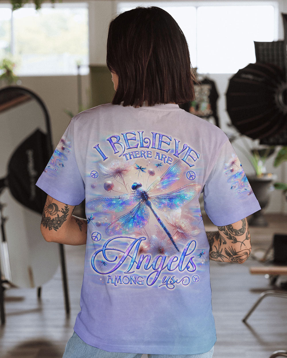I Believe There Are Angels Among Us Pastel Dragonfly Memorial AOP Shirts _1_ nJFUa