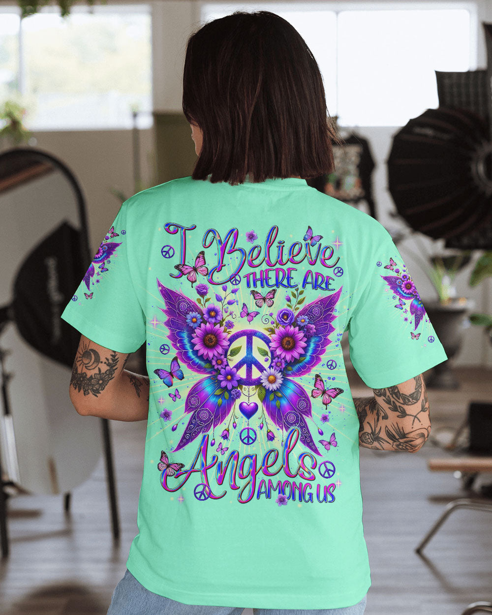 I Believe There Are Angels Among Us Peace and Butterfly Wings AOP Shirts _4_ 6DqT2