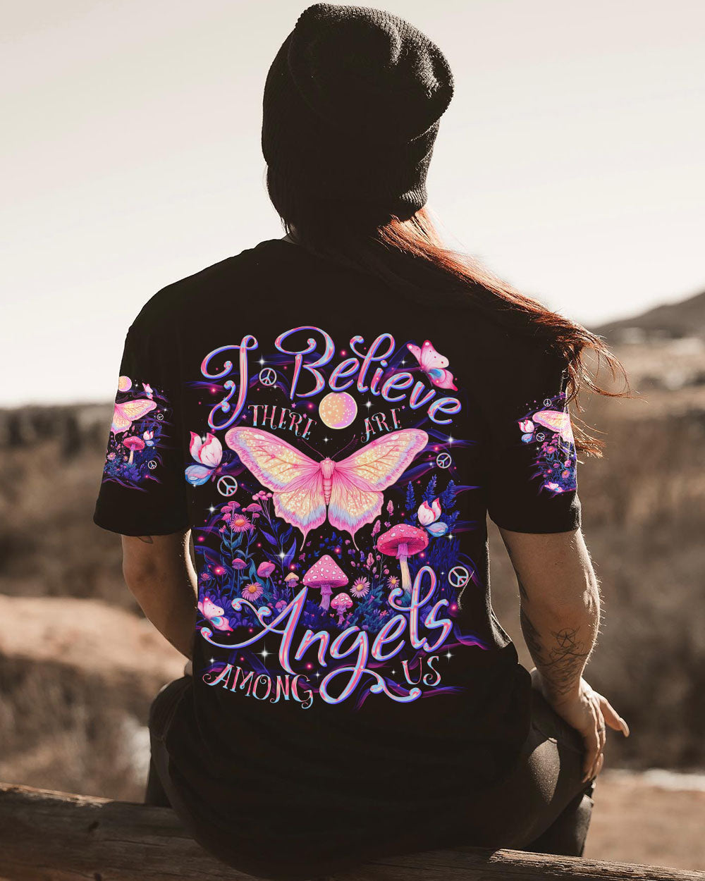 I Believe There Are Angels Among Us Pink Butterfly and Mushroom Magical Nature AOP Shirts _1_ S6cDr