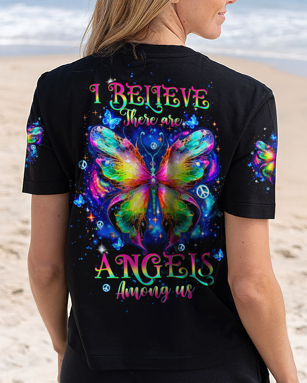 I Believe There Are Angels Among Us Rainbow Butterfly Psychedelic Galaxy AOP Shirts _12_ laWWe