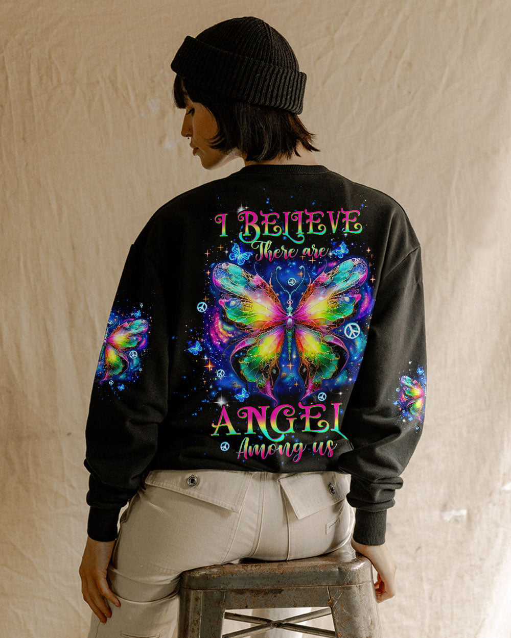 I Believe There Are Angels Among Us Rainbow Butterfly Psychedelic Galaxy AOP Shirts _3_ LcL75