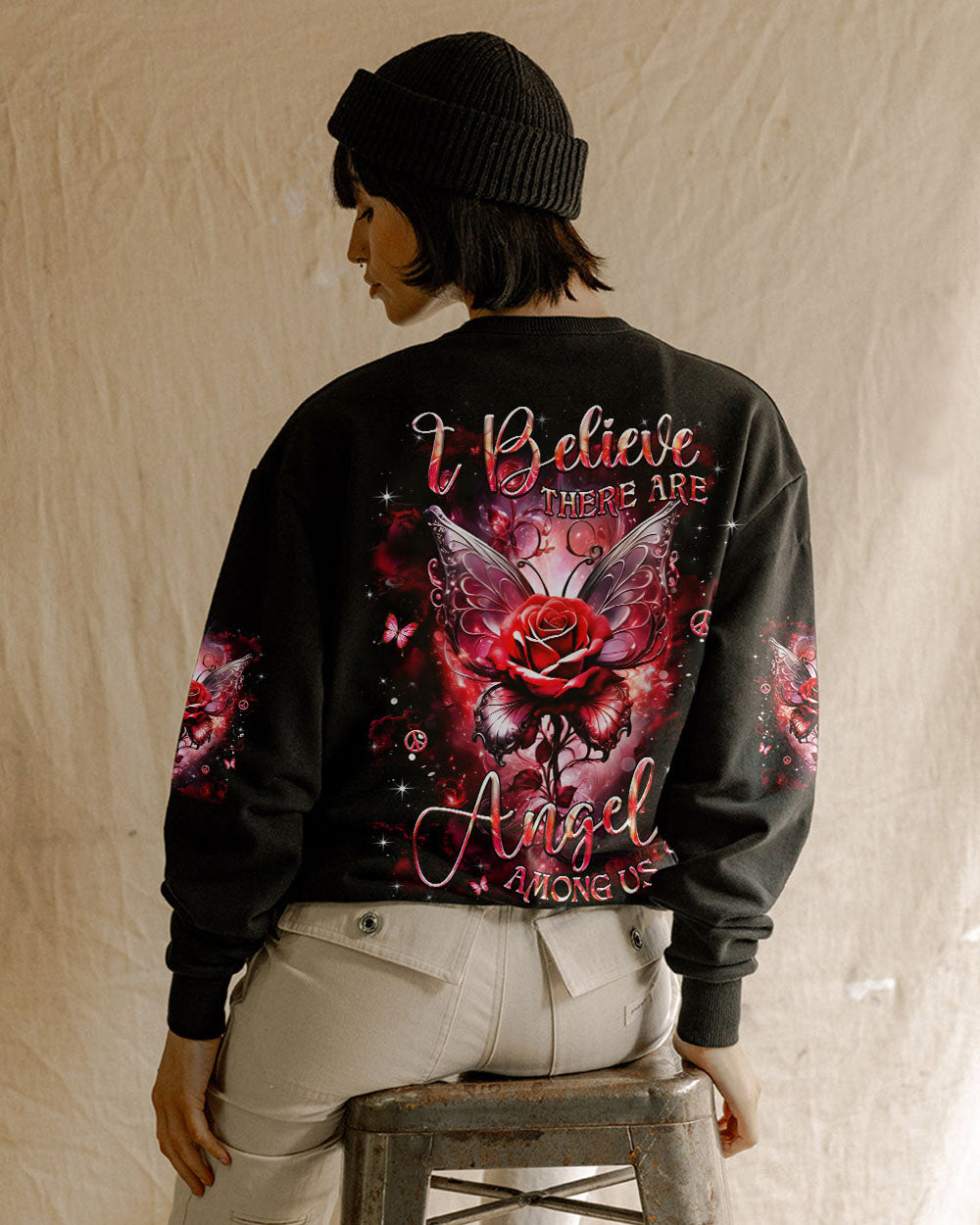 I Believe There Are Angels Among Us Red Rose and Butterfly Wings Graphic AOP Shirts _9_ 6VHgv