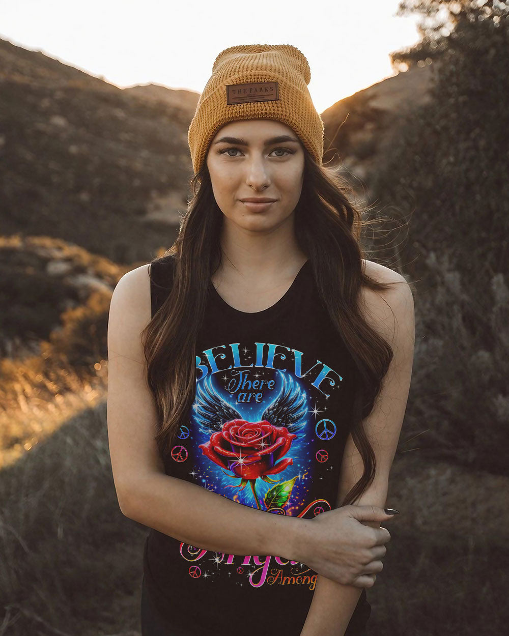 I Believe There Are Angels Among Us Rose with Blue Wings Inspirational Graphic AOP Shirts _11_ y5eom