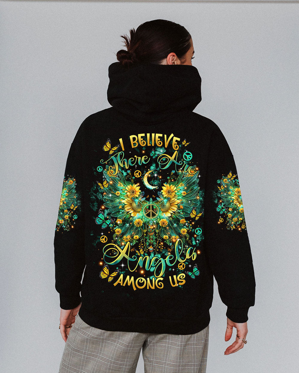 I Believe There Are Angels Among Us Sunflower Wings Peace Graphic AOP Shirts _7_ bMLxq