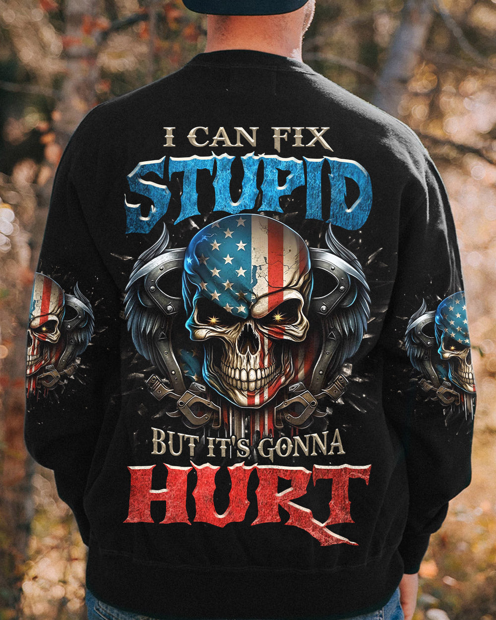 I Can Fix Stupid But Its Gonna Hurt Patriotic Skull USA Flag Funny Mechanic AOP Shirts _1_ uaBk7