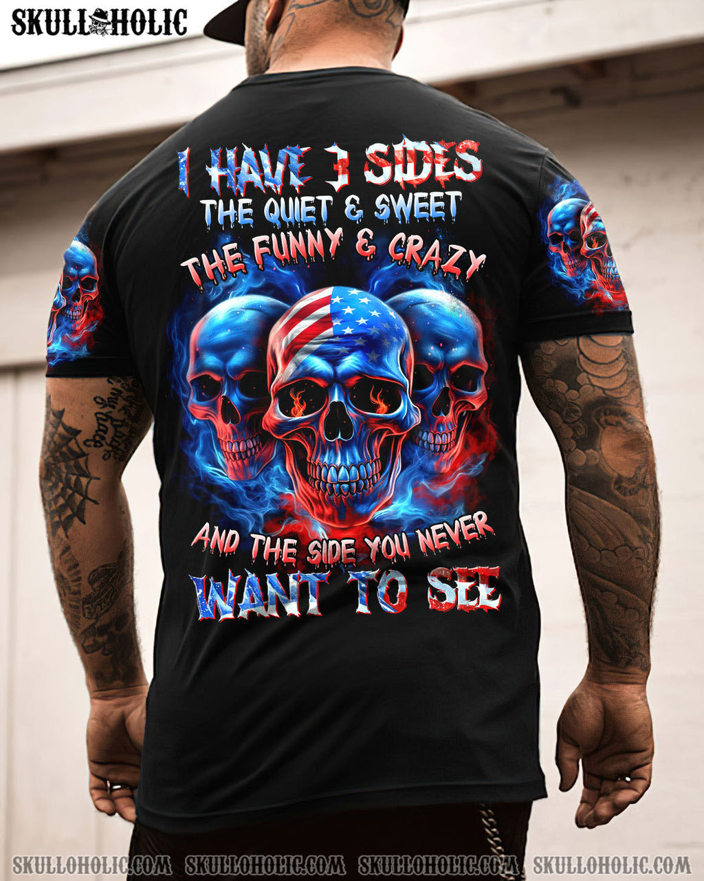 I Have 3 Sides Patriotic American Flag Skull Funny Crazy Graphic AOP Shirts _1_ p9zvR