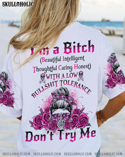 I_E2_80_99m a BITCH Don_E2_80_99t Try Me Funny Pink Skull and Rose Graphic Tee for Women AOP Shirts _1_ Sdz9N