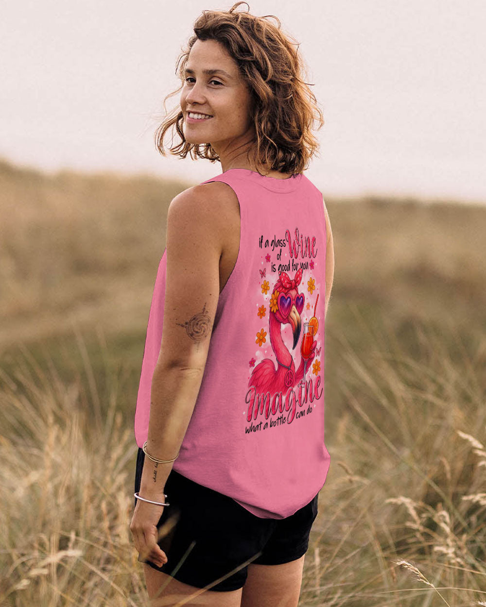 If A Glass of Wine is Good for You Imagine Flamingo Drink Cocktail Design for Women AOP Shirts _13_ LZoEE