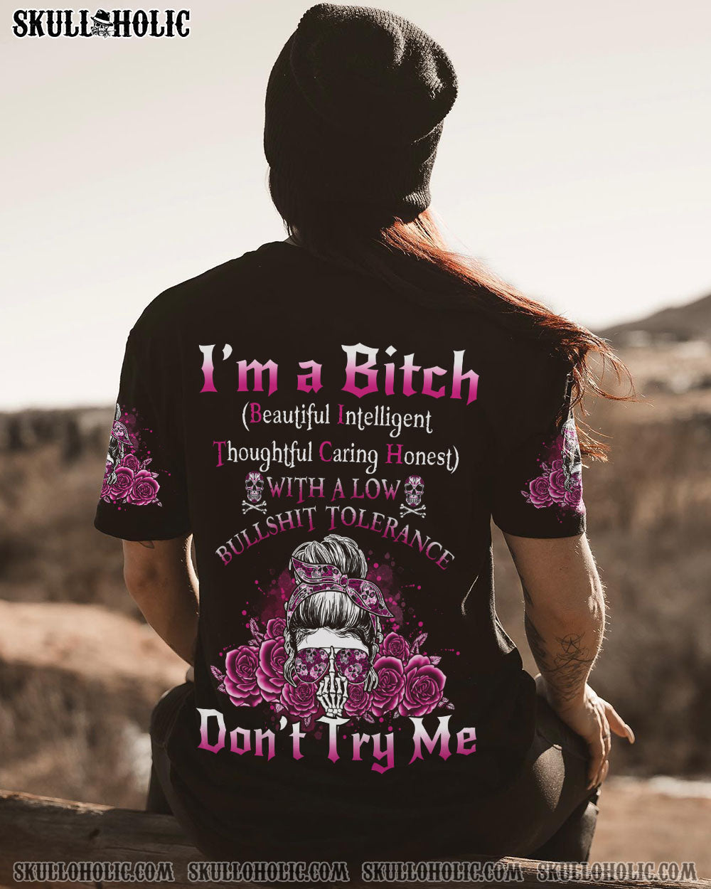 Im a BITCH Dont Try Me Skull Rose Sassy Graphic Tee for Women AOP Shirts _1_ H7E4J