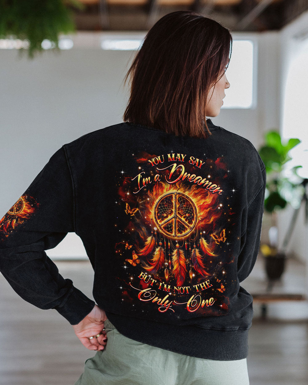 Im a Dreamer but Im not the Only One Hippie Fire Feather Inspirational AOP Shirts _3_ TIUtn