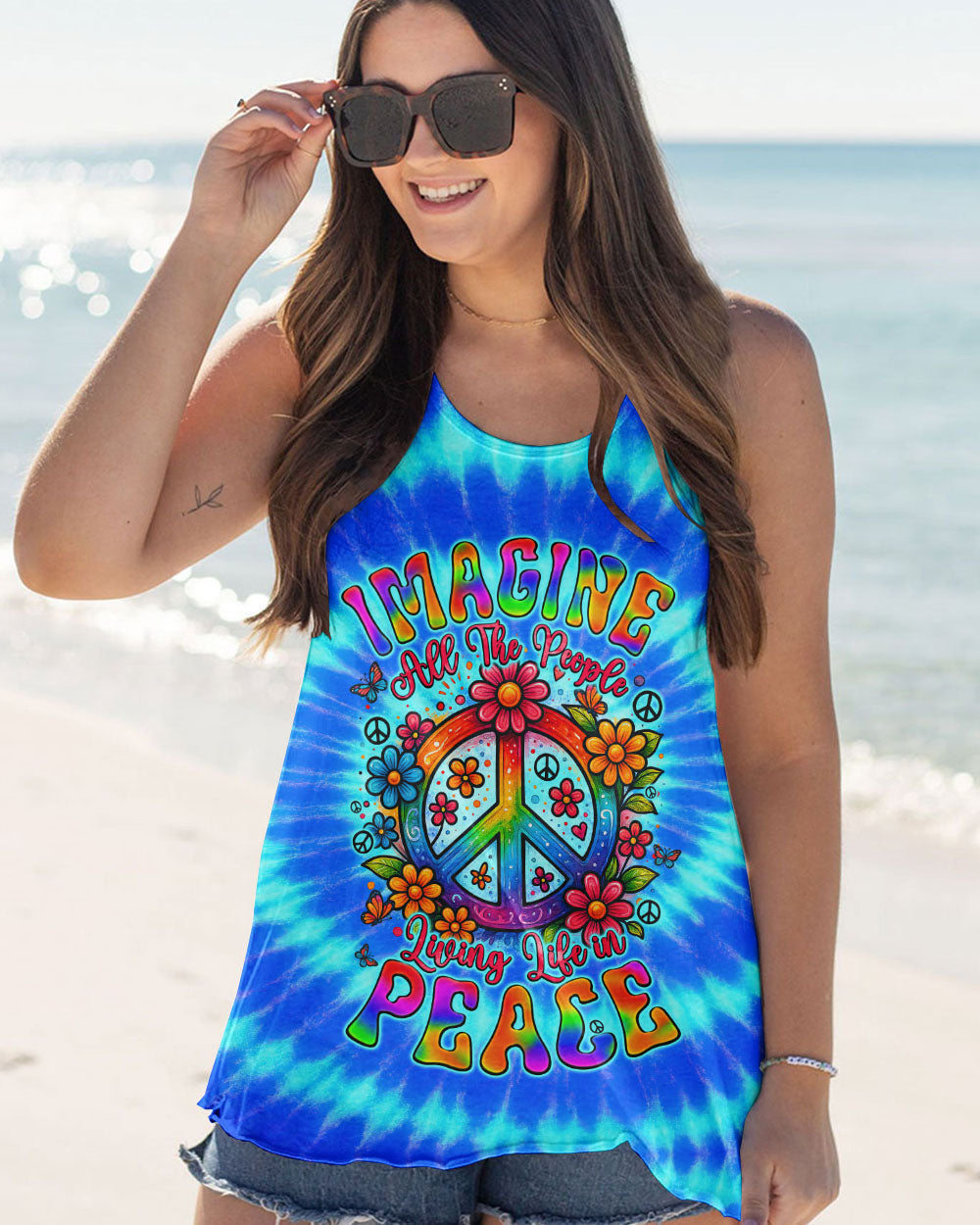 Imagine All The People Living Life In Peace Peace Symbol with Flower Tie Dye Design for Women AOP Shirts _12_ WEUOj