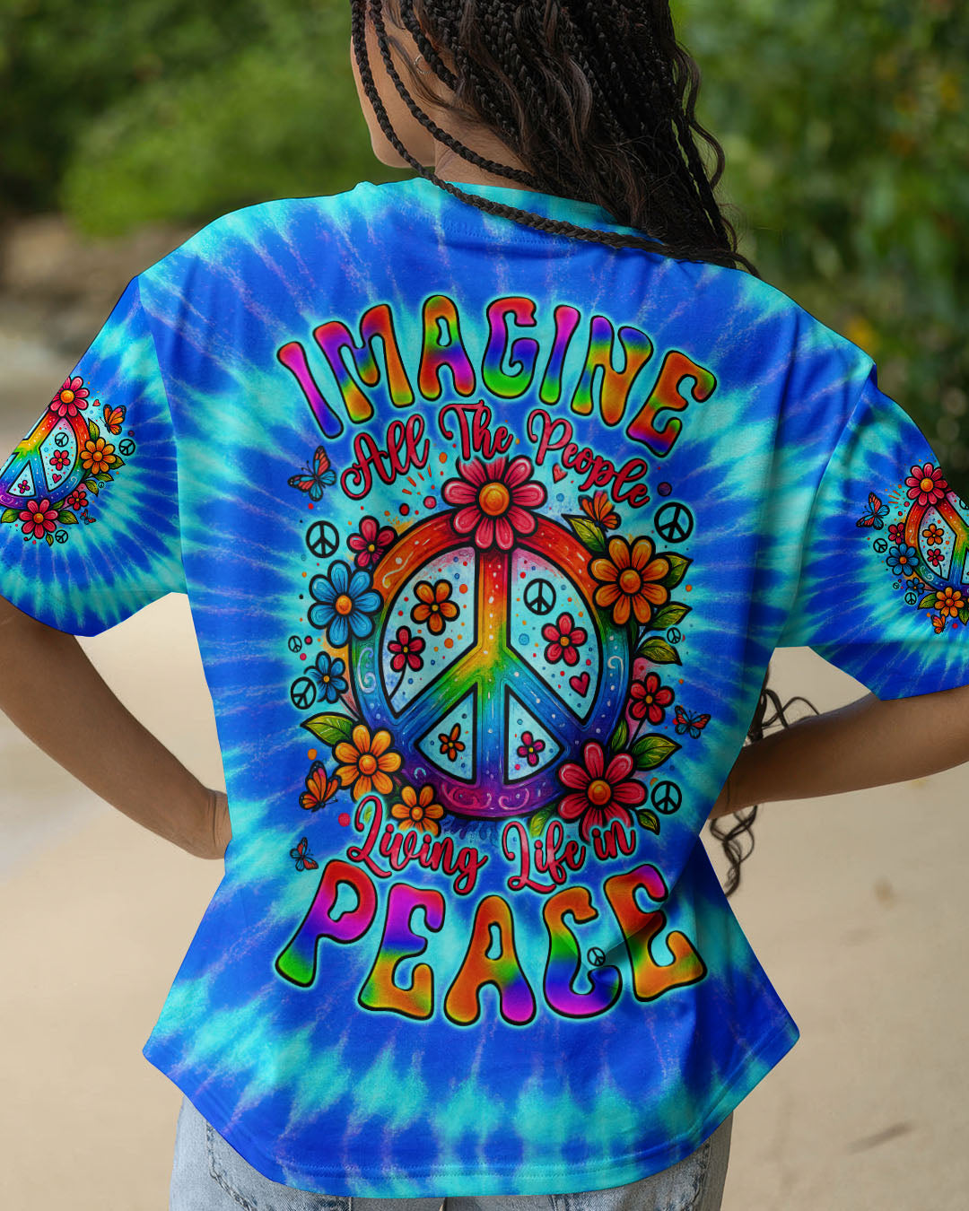Imagine All The People Living Life In Peace Peace Symbol with Flower Tie Dye Design for Women AOP Shirts _1_ mOX6r