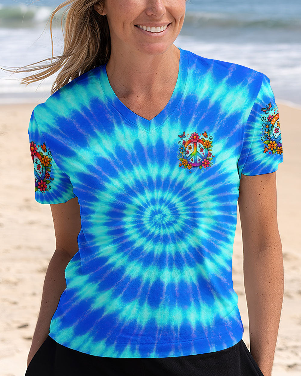 Imagine All The People Living Life In Peace Peace Symbol with Flower Tie Dye Design for Women AOP Shirts _5_ zFVP8