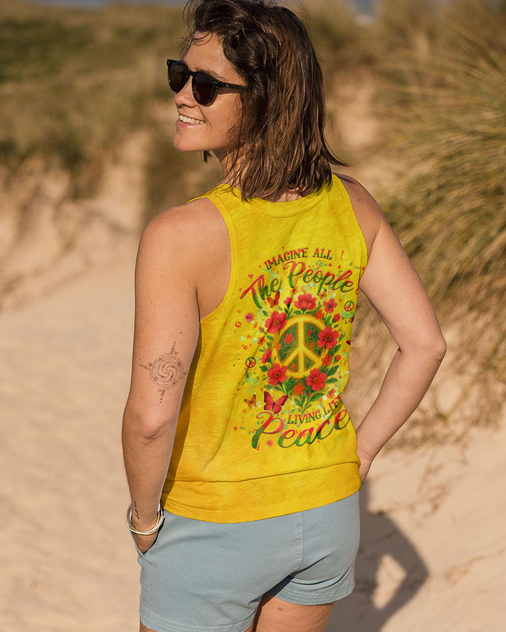 Imagine All The People Living Life in Peace Peace Symbol with Flower Design for Women AOP Shirts _14_ mKNQQ
