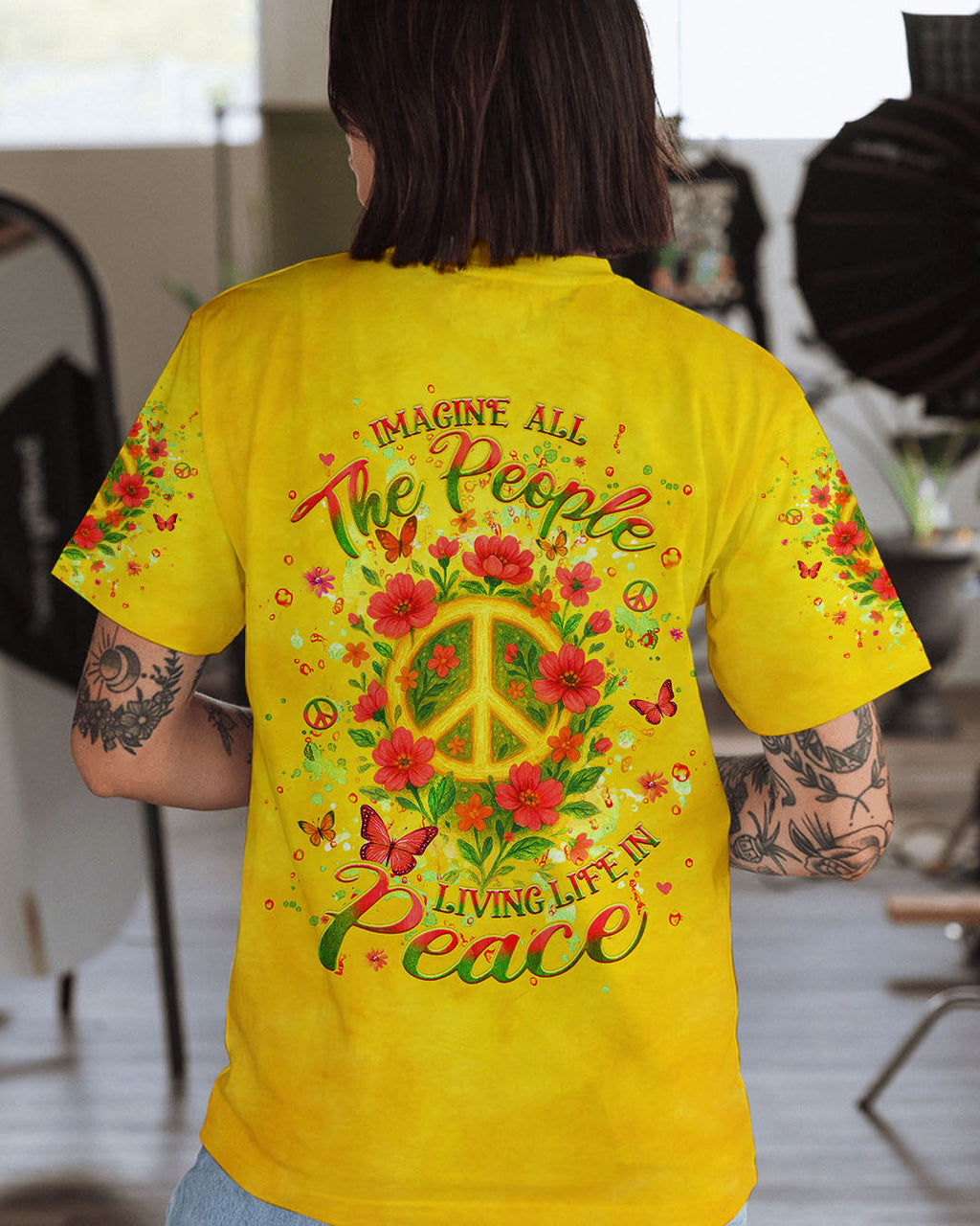 Imagine All The People Living Life in Peace Peace Symbol with Flower Design for Women AOP Shirts _1_ kBVDp