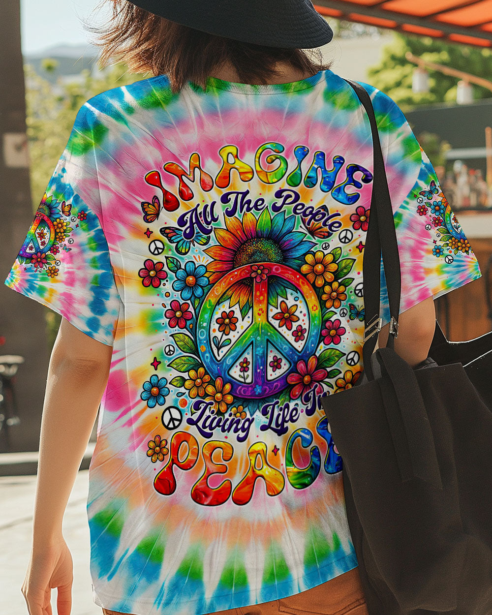 Imagine All The People Living Life in Peace Sunflower and Peace Symbol Tie Dye Design AOP Shirts _1_ XRfcR