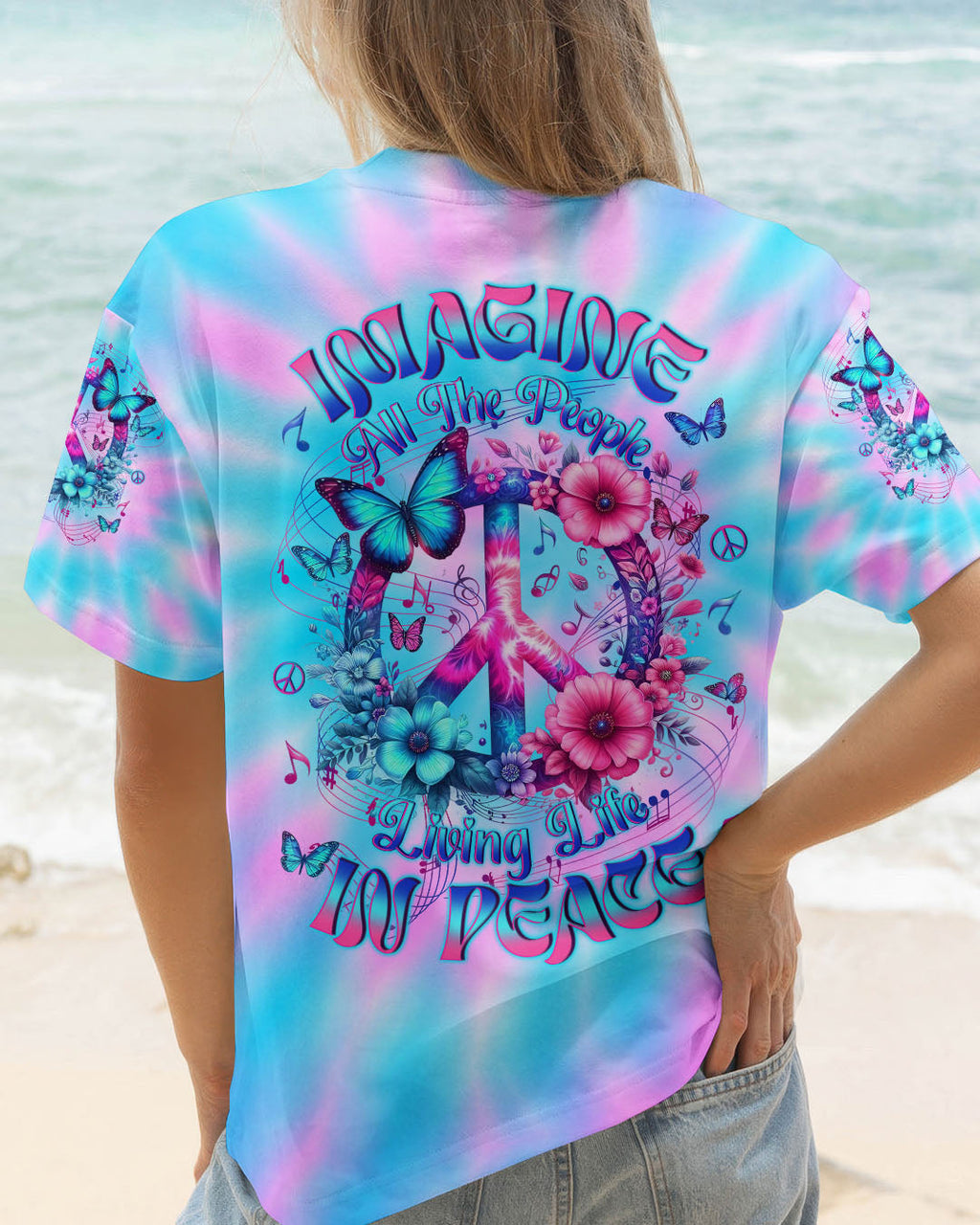 Imagine All The People Living Life in Peace Tie Dye Peace Symbol Design for Women AOP Shirts _1_ Ad24B