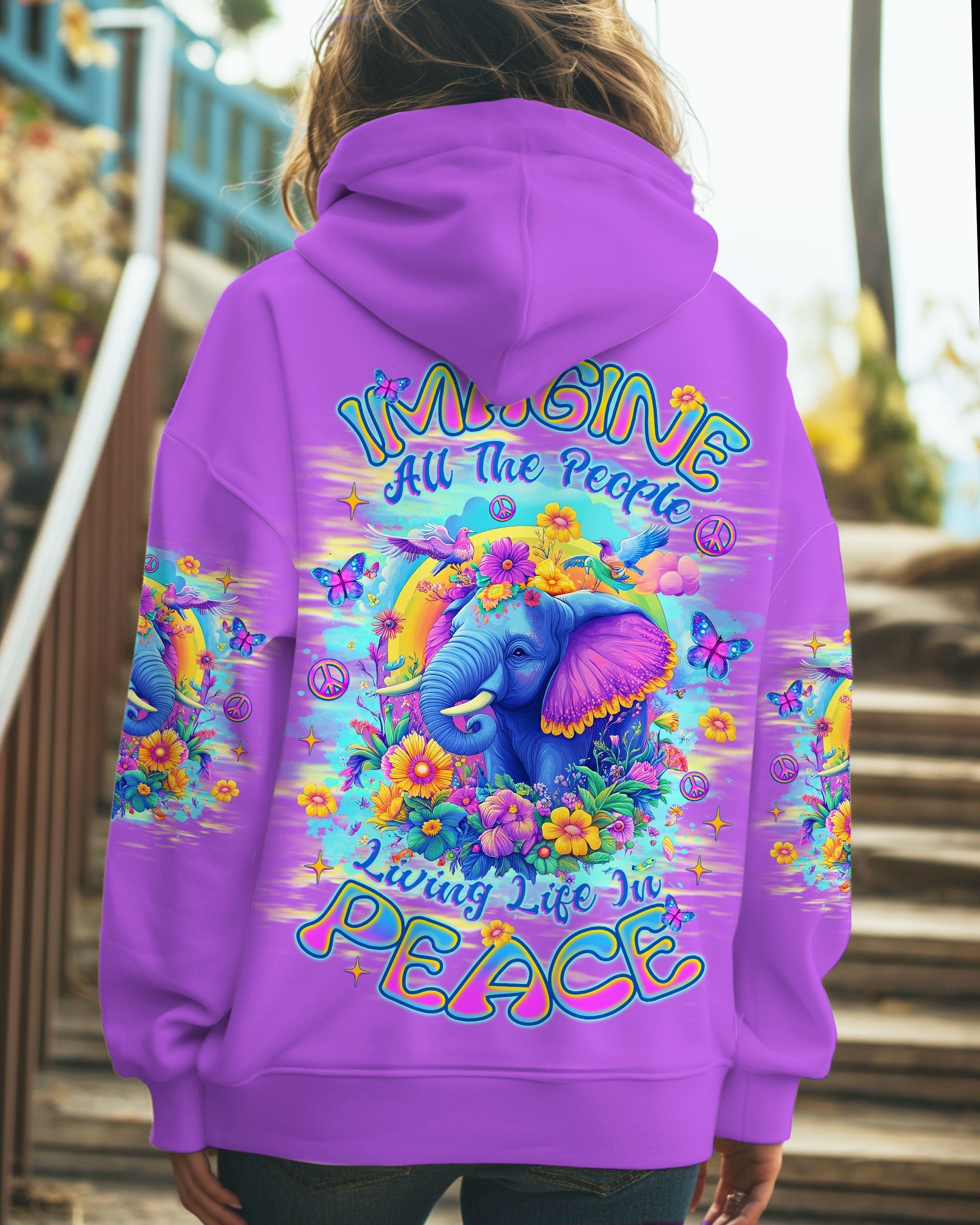 Imagine All the People Living Life in Peace Peaceful Elephant with Colorful Floral Vibes AOP Shirts _5_ quAXU