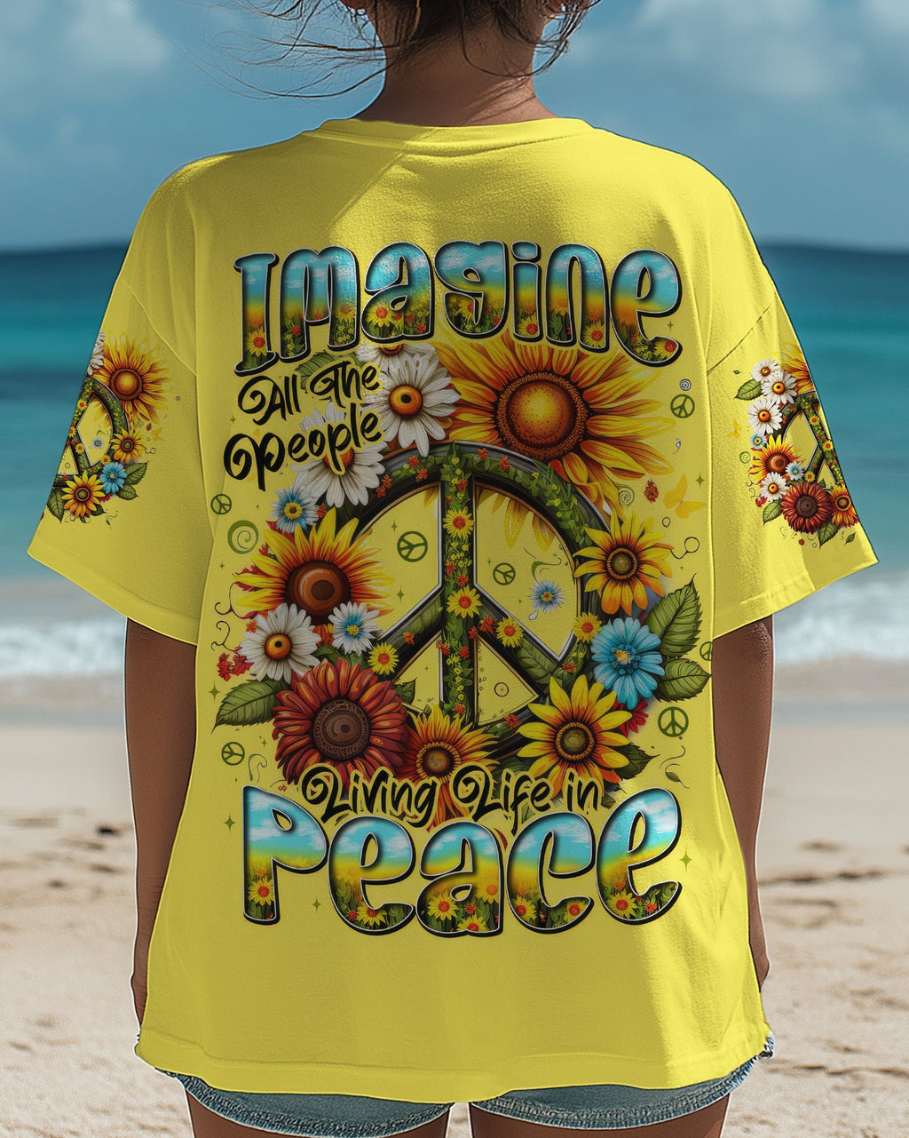 Imagine All the People Living Life in Peace Sunflower Peace Sign Design AOP Shirts _1_ LDjGr
