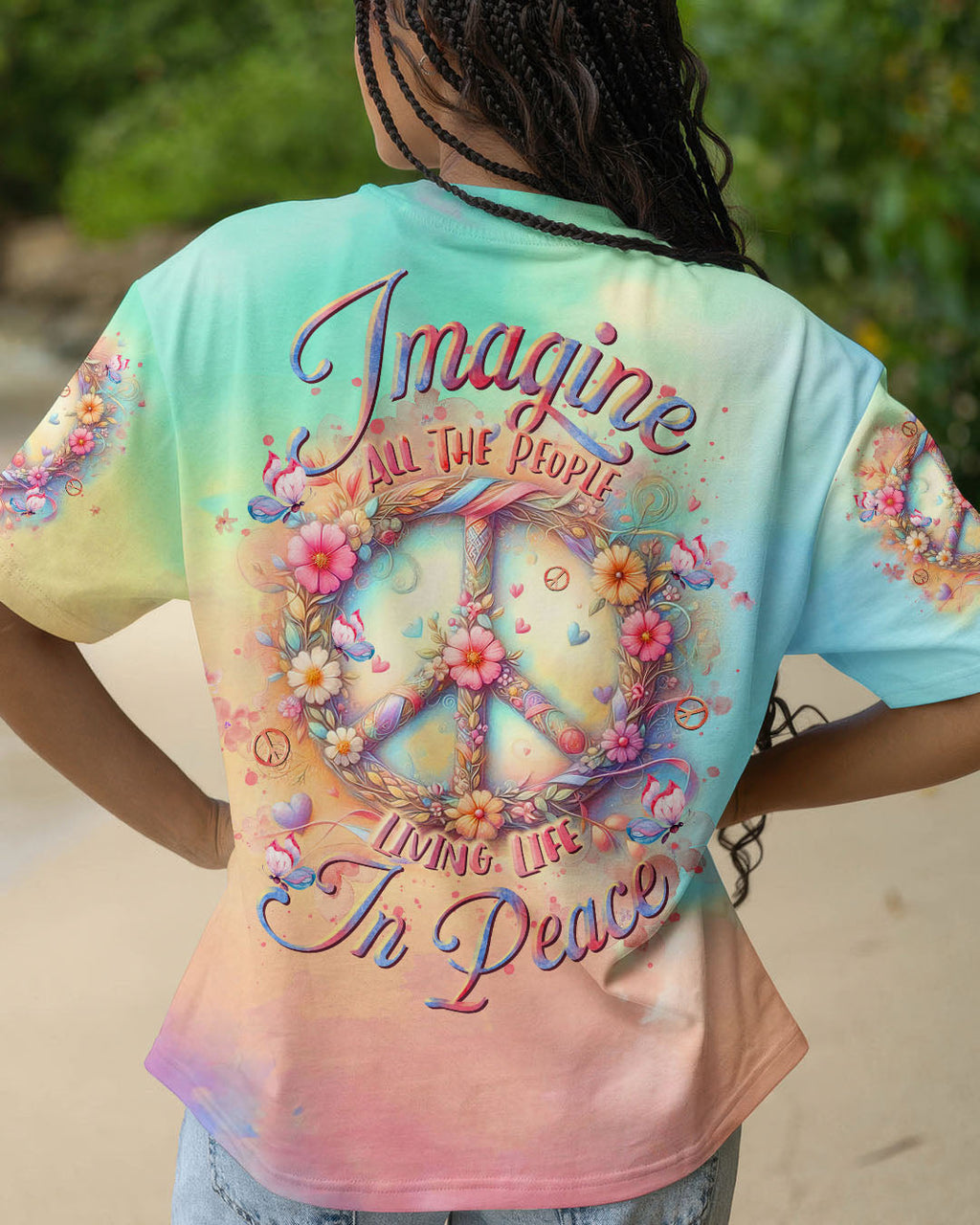 Imagine All the People Living Life in Peace Tie Dye Hippie Floral Peace Symbol AOP Shirts _1_ l3XCx