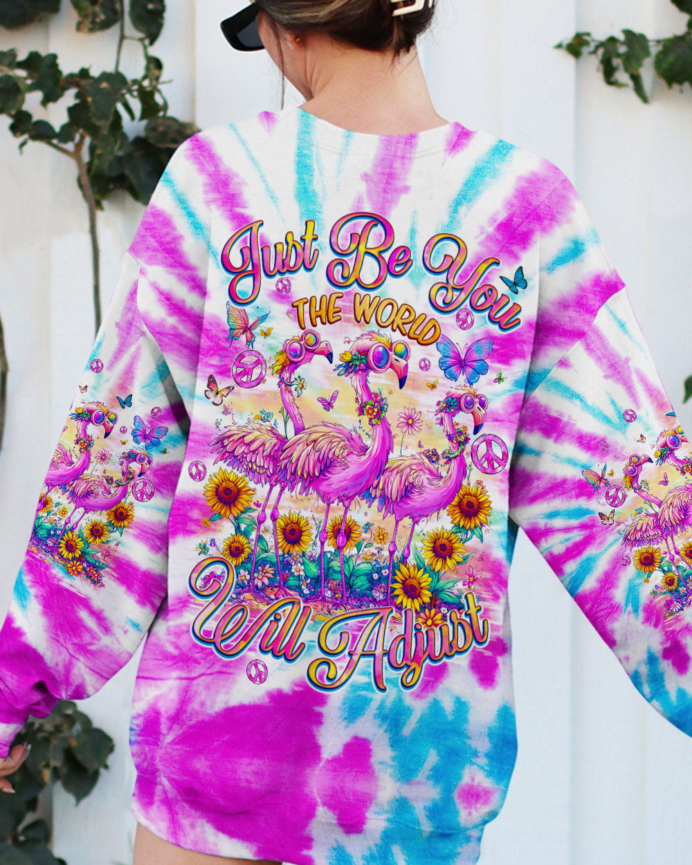 Just Be You The World Will Adjust Tie Dye Pink Flamingo Graphic AOP Shirts _3_ WAEov