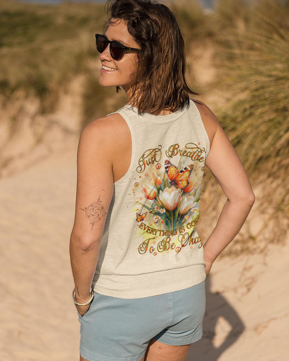 Just Breathe Everything Is Going To Be Okay Inspirational Butterfly Tulip Floral AOP Shirts _13_ HUiiJ