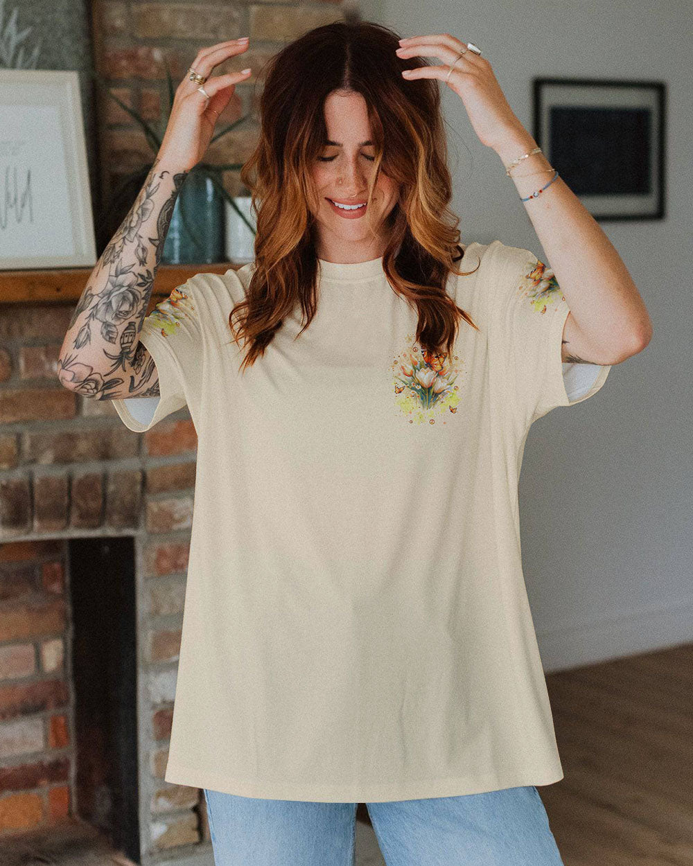 Just Breathe Everything Is Going To Be Okay Inspirational Butterfly Tulip Floral AOP Shirts _2_ dm63T