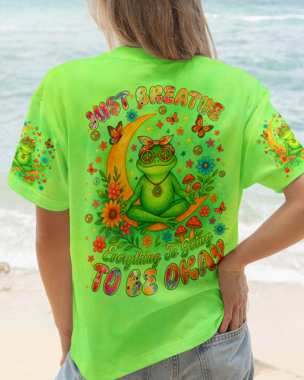 Just Breathe Everything Is Going To Be Okay Tie Dye Frog Graphic Tee for Women AOP Shirts _1_ 8LNp6