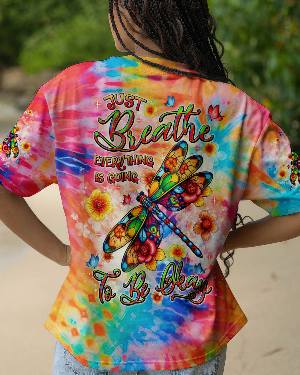 Just Breathe Everything Is Going To be Okay Tie Dye Dragonfly Graphic Tee for Women AOP Shirts _1_ dy67H