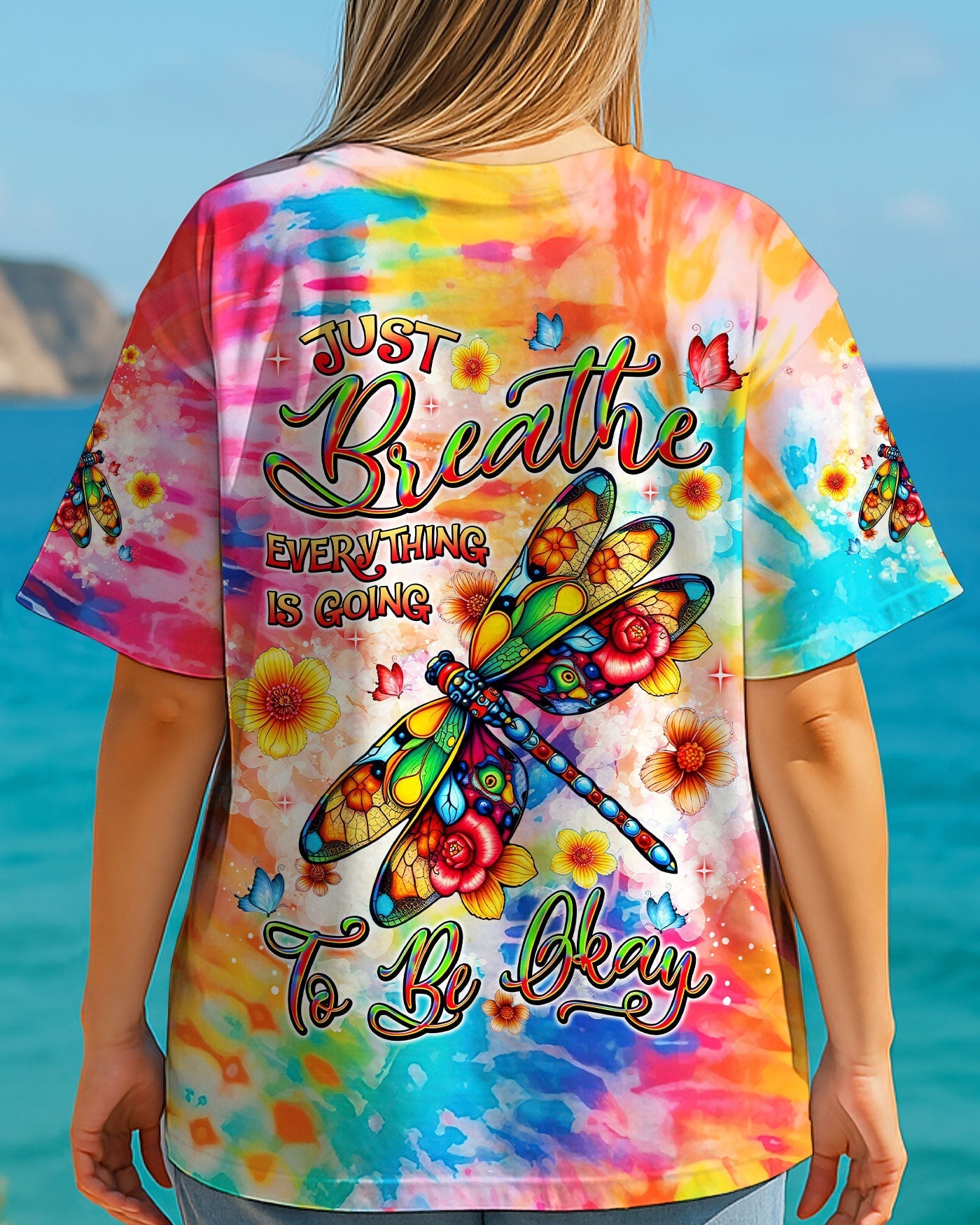 Just Breathe Everything Is Going To be Okay Tie Dye Dragonfly Graphic Tee for Women AOP Shirts _4_ Py8PO