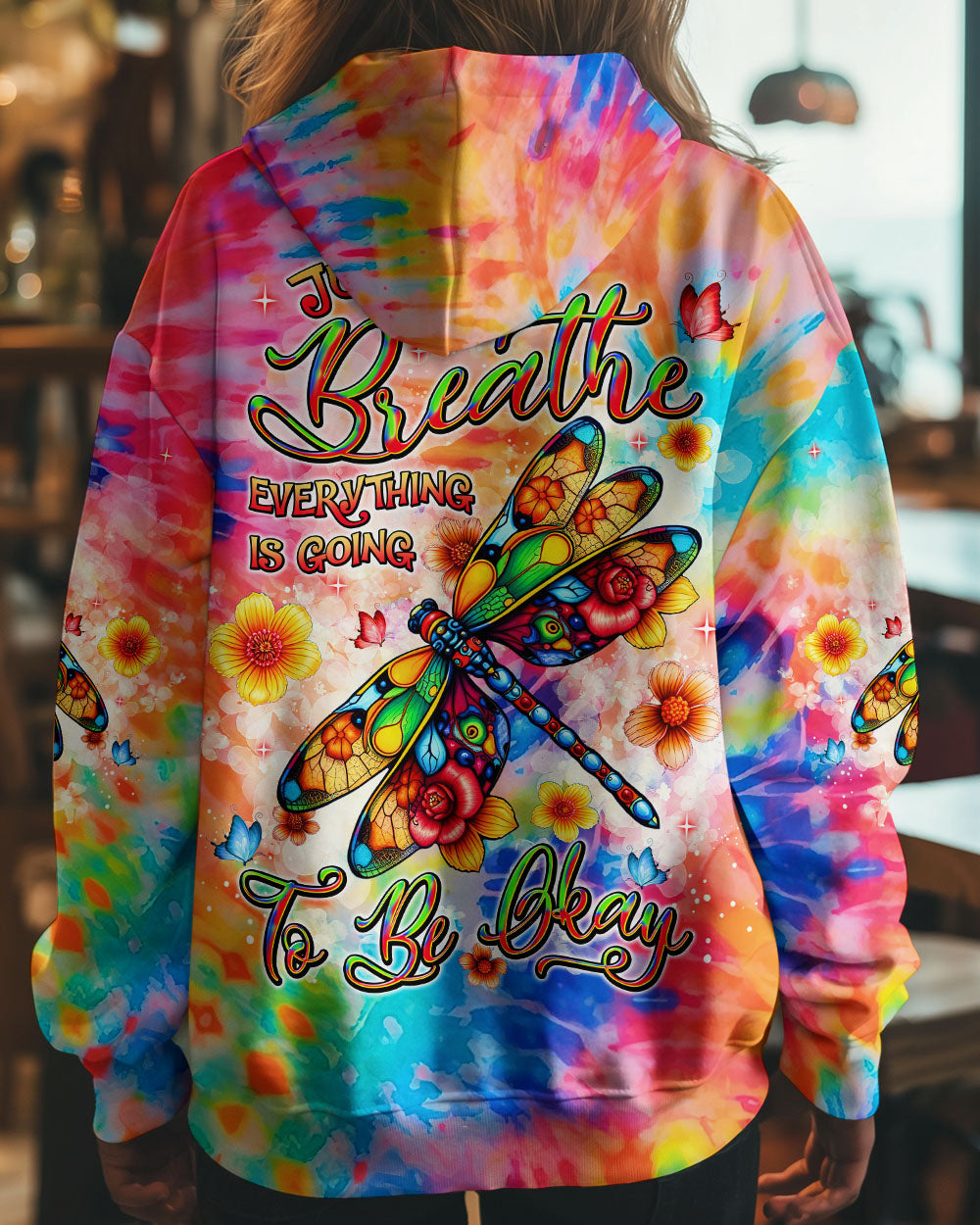 Just Breathe Everything Is Going To be Okay Tie Dye Dragonfly Graphic Tee for Women AOP Shirts _8_ AkUP8