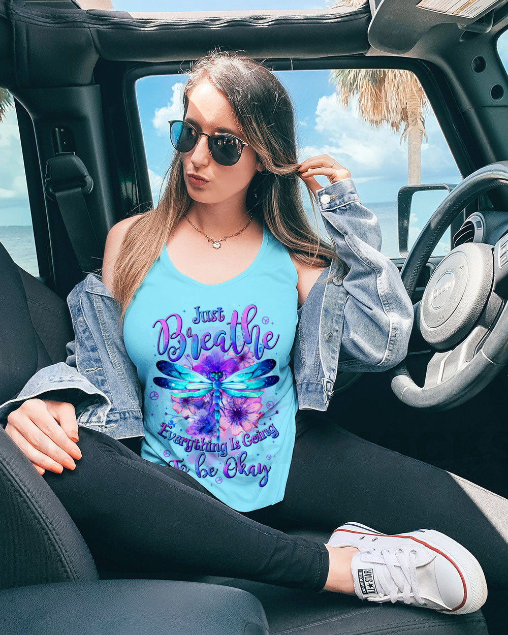 Just Breathe Everything Is Going to Be Okay Blue Dragonfly Peace Floral AOP Shirts _11_ qKch2