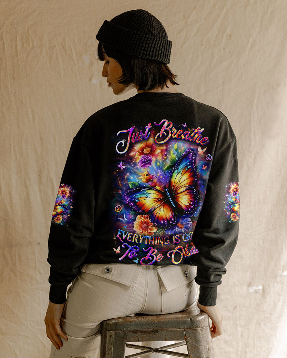 Just Breathe Everything Is Going to Be Okay Colorful Butterfly Floral Graphic AOP Shirts _9_ JzNOW