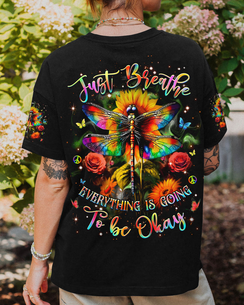 Just Breathe Everything Is Going to Be Okay Colorful Dragonfly Flower AOP Shirts _1_ R0u49